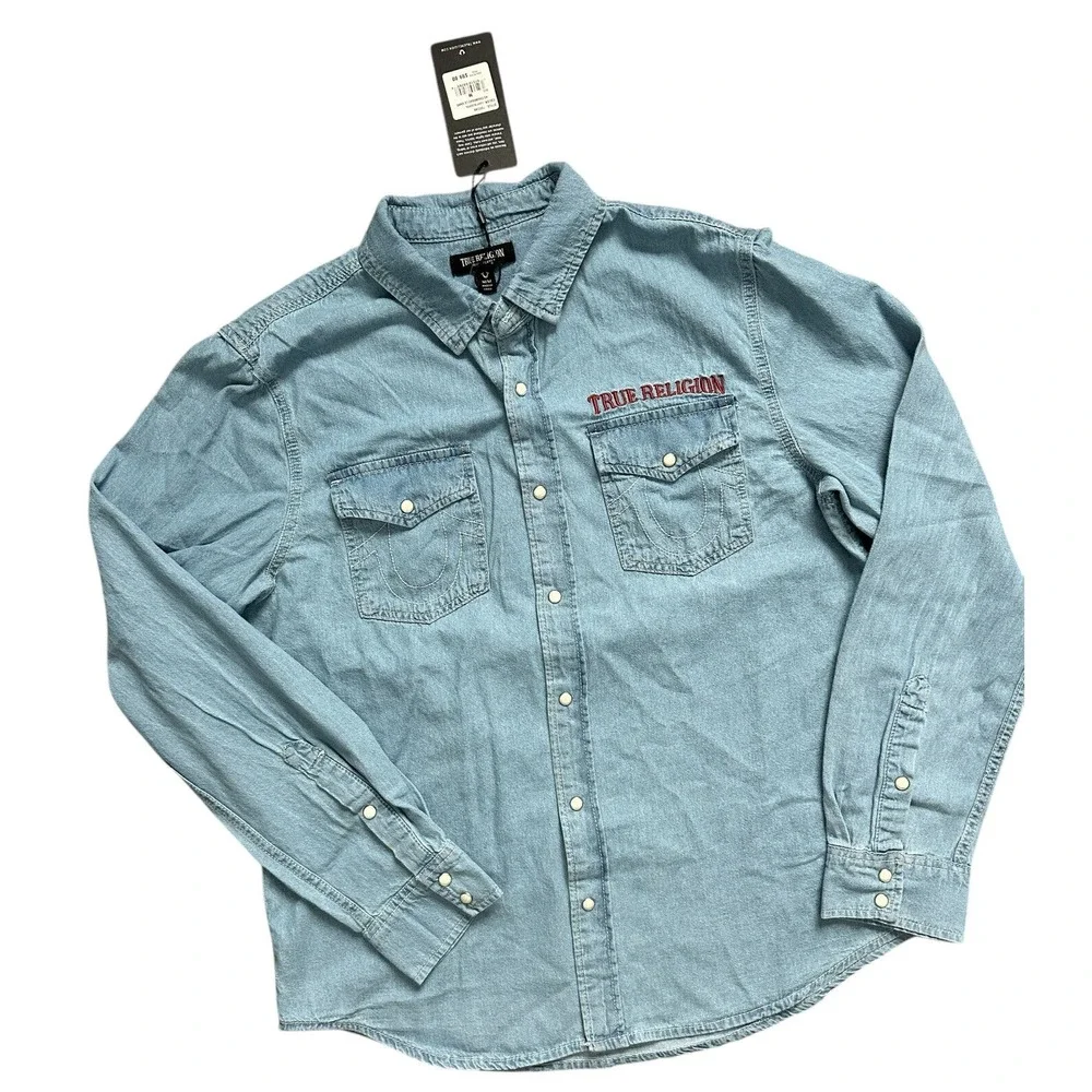 True‎ Religion Denim Light Blue Western Pearl Snap Jean Chambray Mens Shirt Sz M